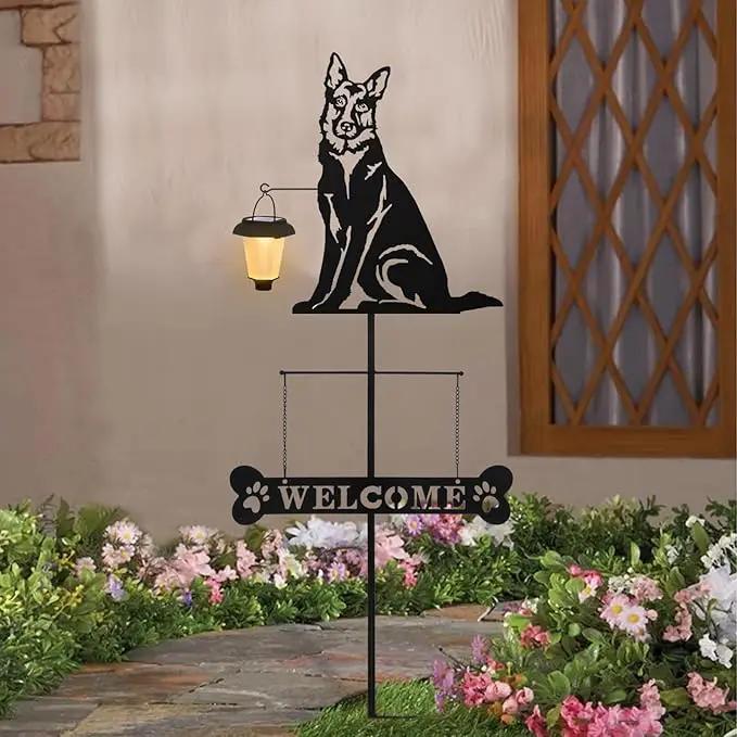 BAYN Solar German Shepherd Silhouette Dog Breed Welcome Sign with a Lantern Outdoor Decorative Garden Stakes for Yard, Lawn, Patio, Pathway by GreenHaven Gardens