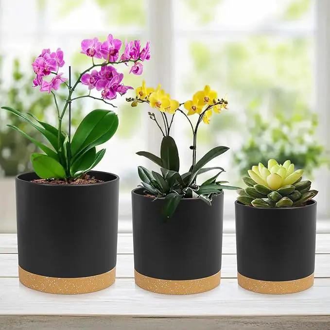 5 Pack Cylindrical Flower Pots with 7/6.5/6/5/4 inch, Modern Small Plastic Plant Pots with Drainage Holes & Saucers, Round Planter Pots for Outdoor, Indoor & Office Decor (Black Brown) by GreenHaven Gardens