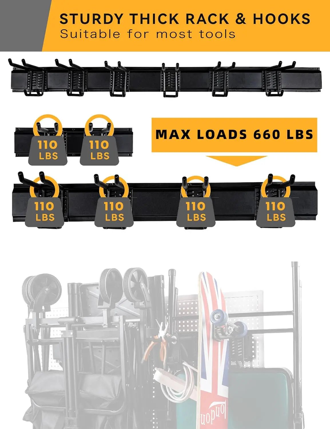 Garden Tool Organizer Wall Mount 48 Inches Max Load 660lbs Garage Storage and Organization, Adjustable with 6 Garage Hooks and 4 Cable Ties, Yard Shed and Power Tool Organizer Rack by GreenHaven Gardens