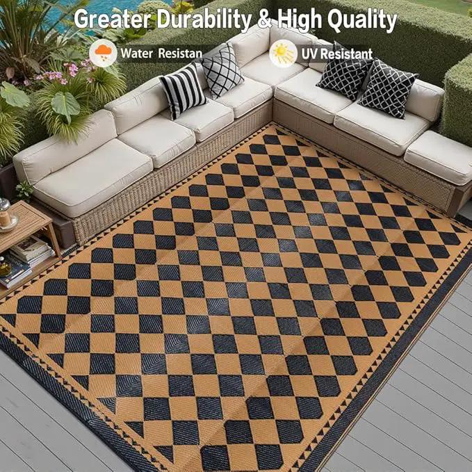 Outdoor Waterproof Rug 8'x10' Plastic Straw Rugs Washable Reversible Floor Mat Brown Plaid Carpet for Camping RV Deck Entryance Porch Picnic Balcony Beach Backyard by GreenHaven Gardens