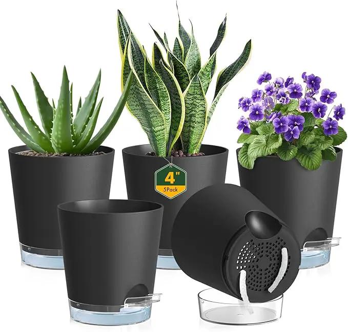 4 inch Self Watering Pots for Indoor Plants, 5 Pack Small Flower Plant Pots with Drainage Holes and Clear Reservoirs, Visible Water Level, Plastic Planters with Wicking Rope, Black by GreenHaven Gardens