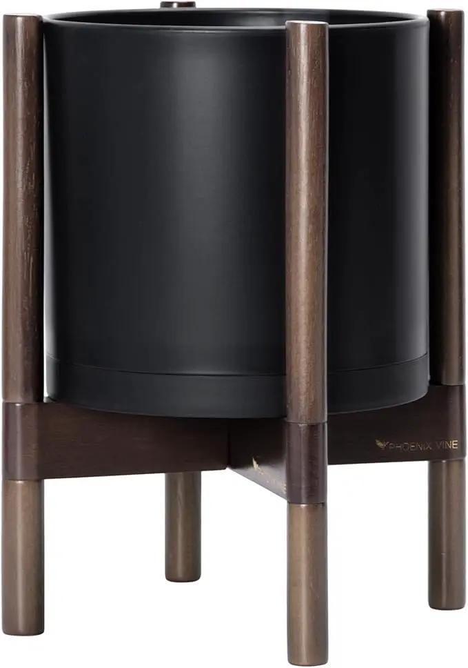 D'vine Dev Planter Pot with Stand - 10 Inch Plastic Cylinder Flower Pot with Wood Planter Holder for Indoor, Matte Black Pot + Walnut Color Stand, 55-C-L-2 by GreenHaven Gardens
