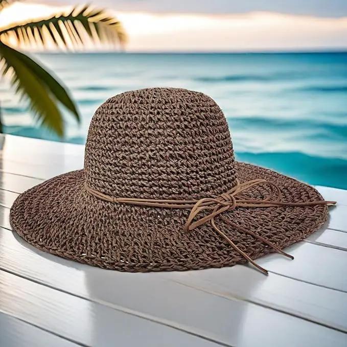Womens Straw Beach Sun Hats, Foldable Packable Floppy Handmade Crochet Hats for Women,Large Summer Vacation Wide Brim Hat by GreenHaven Gardens
