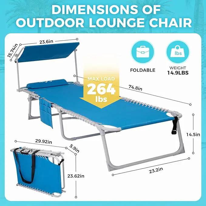 #WEJOY Folding Lounge Chair with Canopy Shade, Portable Adjustable 5-Position Patio Chaise Lounger with Pillow & Storage Pocket for Lay Flat Outdoor Lawn Backyard Beach Camping Pool Tanning (Blue) by GreenHaven Gardens