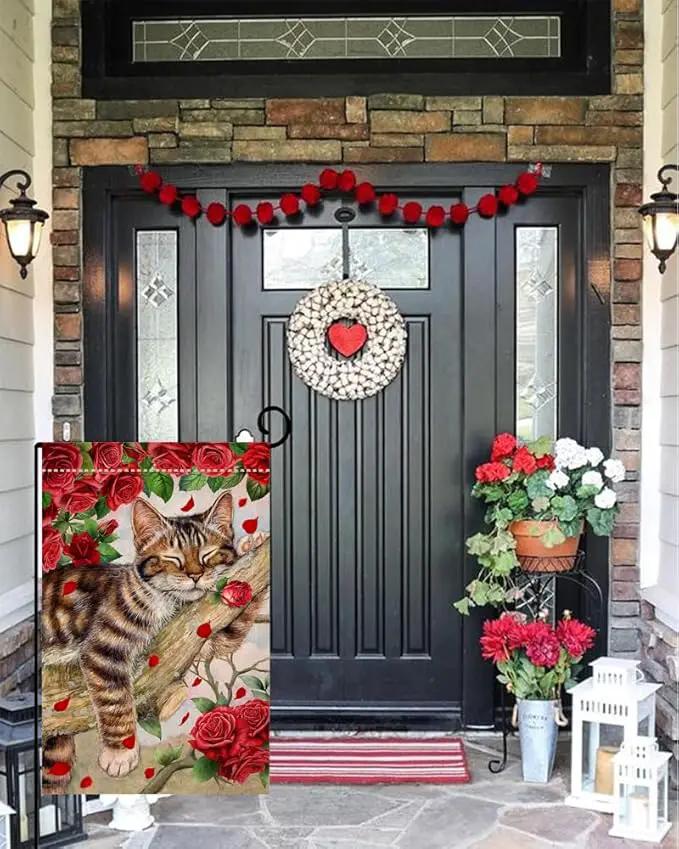 BLKWHT Valentines Cat Garden Flag 12x18 Vertical Double Sided Red Roses Spring Farmhouse Holiday Outside Decorations Burlap Yard Flag BW757 by GreenHaven Gardens