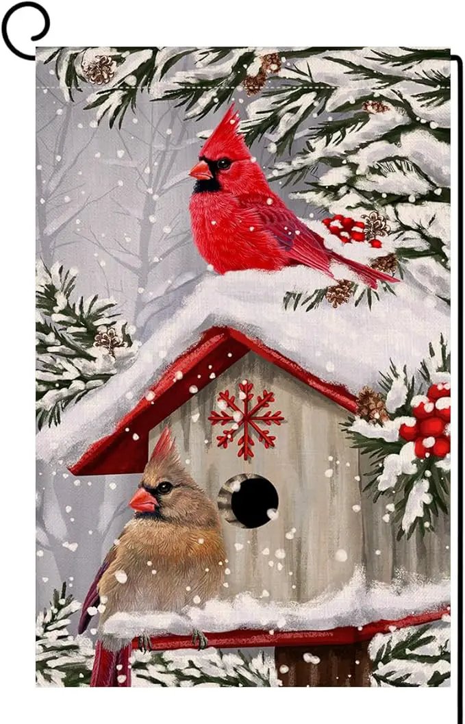 BLKWHT Winter Cardinal Bird Garden Flag 12x18 Vertical Double Sided Trees Snow Christmas Holiday Outside Decorations Burlap Yard Flag BW735 by GreenHaven Gardens