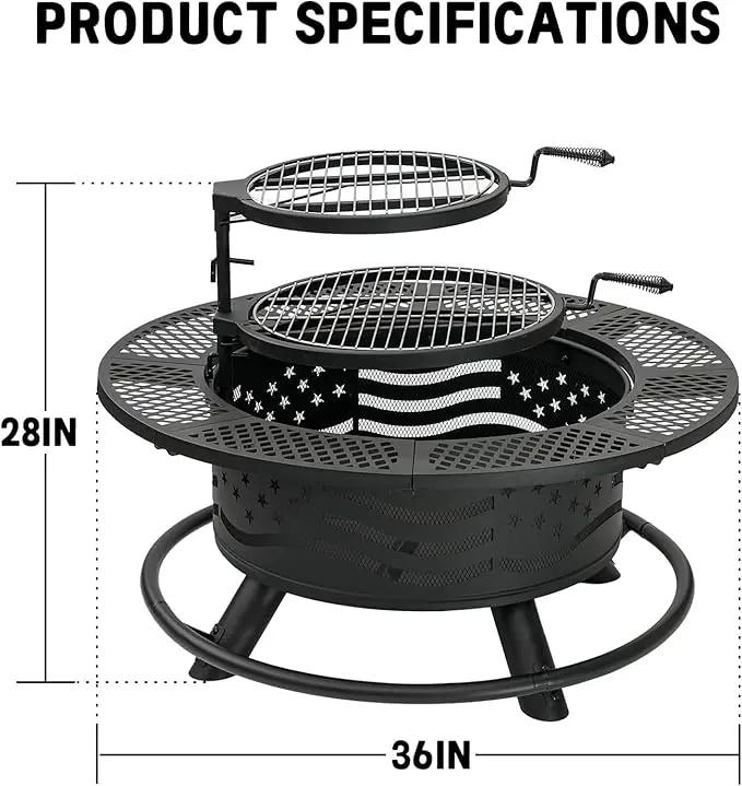 36 Inch Fire Pit with 2 Cooking Grates, Outdoor Wood Burning BBQ Grill Firepit Bowl with Cover Lid, Steel Round Table for Backyard Bonfire Patio Picnic (Black, 36IN) by GreenHaven Gardens