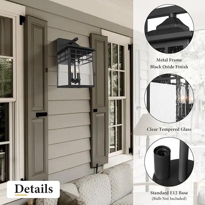 Outdoor Light Fixture Wall Mount, Black Exterior Light Fixture Wall Sconces with Seeded Glass for Front Porch, Large Waterproof Outdoor Square Wall Lantern Outside for House Doorway by GreenHaven Gardens