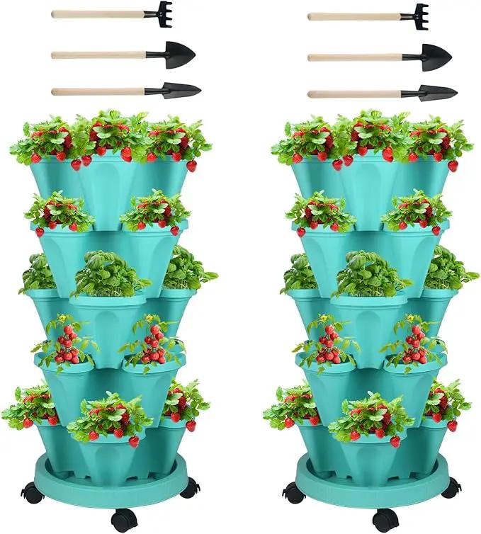 Vertical Planter 5 Tier Stackable Planters Garden Planters Strawberry Herb Flower and Vegetable Planter Indoor Outdoor Gardening Pots with Removable Wheels and Tools by GreenHaven Gardens