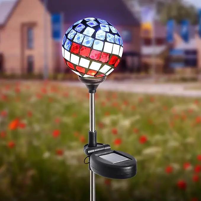 WNP Solar Powered Outdoor Garden Light Stakes Decoration,Mosaic Globe 4th of July Stake Solar Light Garden Decor,Solar Glow Glass Ball Lights Waterproof Decor Light for Patio Pathway,Yard by GreenHaven Gardens