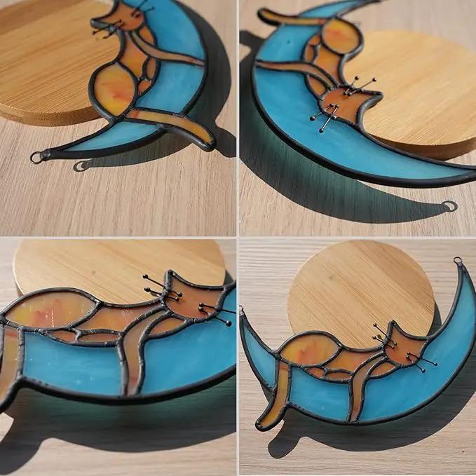 BOXCASA Sleeping Cat Stained Glass Windown Hanging,Orange Cat on Moon Beautiful Handcrafted Sun Catcher Gifts for Daughter,Mothers Day,Christmas and Cat Lover by GreenHaven Gardens