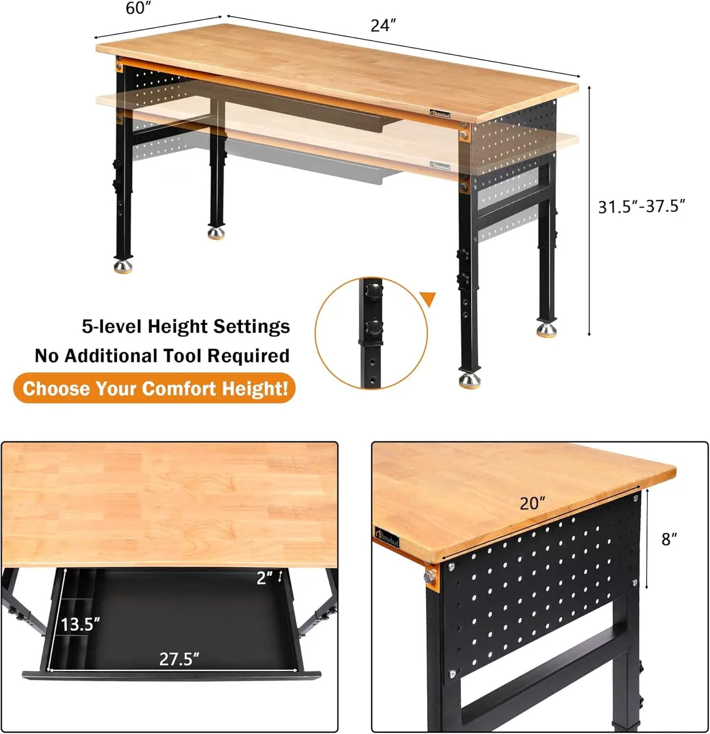 60" Heavy-Duty Adjustable Workbench for Garage, Rubber Wood Shop Table W/Double Pegboards & Drawer,Hardwood Workstation Weight Capacity Over 2000 Lbs by GreenHaven Gardens