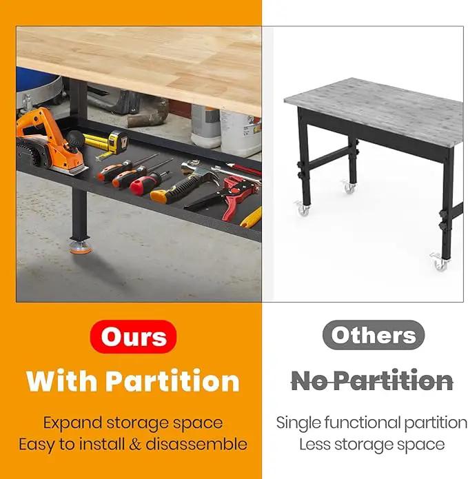 48"/60'' Adjustable Workbench, Rubber Wood Work Bench Heavy-Duty with Partition,2000 LBS Load Capacity Hardwood Work Table for Garage, Workshop, Home, Office, Easy Assembly (w/partition,48'') by GreenHaven Gardens