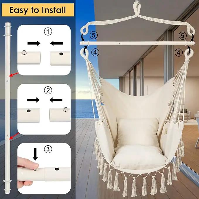 Y- STOP Hammock Chair Hanging Rope Swing, Max 500 Lbs, 2 Cushions Included, Large Macrame Hanging Chair with Pocket for Superior Comfort, with Hardware Kit (Beige) by GreenHaven Gardens