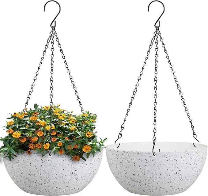 10 inch Hanging Planters for Outdoor Indoor Plants with Drainage Holes and Chain, 2 Pack Round Hanging Flower Plant Pots for Garden Home Porch Decor, Speckled White by GreenHaven Gardens