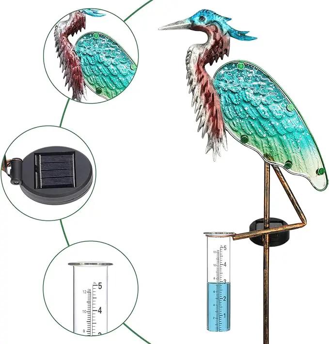 Heron Rain Gauge Solar Stake Outdoor, 43’’ Solar Rain Gauge LED Lights with Rainfall Gauge for Garden, Yard, Lawn, Pathway, Patio by GreenHaven Gardens