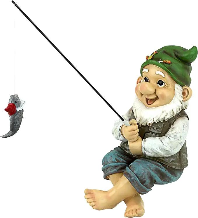 Design Toscano Ziggy with Fishing Pole Garden Gnome Indoor/Outdoor Shelf Sitter Statue, 9 Inch Tall, Cast Stone Resin, Full Color Finish by GreenHaven Gardens