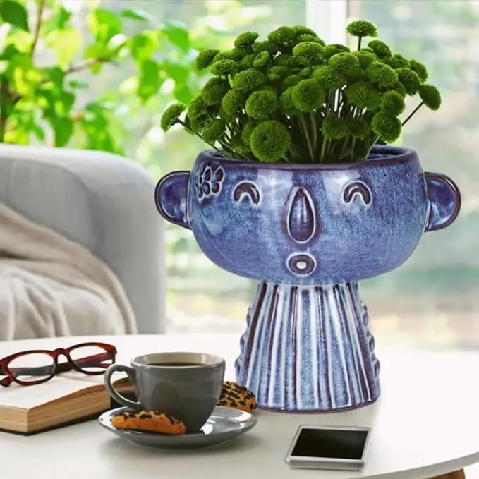 Planter, Ceramic Cute Face Flower Pot Head, Indoor Outdoor, Drainage Hole, 7x5x6 inches, Light Blue by GreenHaven Gardens