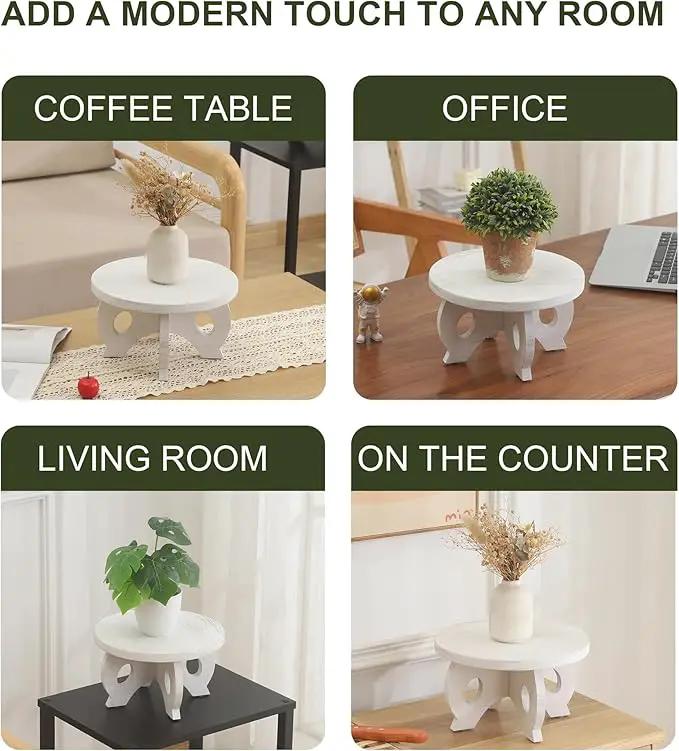 Small Plant Stand Kitchen Display Stand 10 inch Plant Holder Plant Stool Round Stand Risers Farmhouse Rustic Balcony Decor Pedestal Board Washed White by GreenHaven Gardens