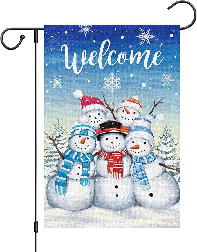 Welcome Winter Garden Flag Double Sided Sonwman 12x18 Inch Small Burlap Welcome Holiday Yard Outdoor Outside House Decoration by GreenHaven Gardens