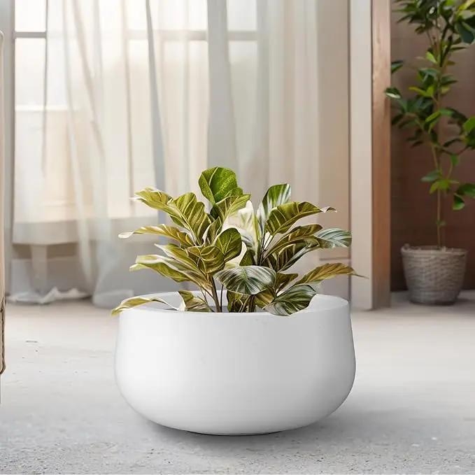Kante 11.8" Dia Round Concrete Planter, Cement Plant Pots with Drainage Hole and Rubber Plug for Outdoor Indoor Garden Home, Modern Curvaceous Design, Pure White by GreenHaven Gardens