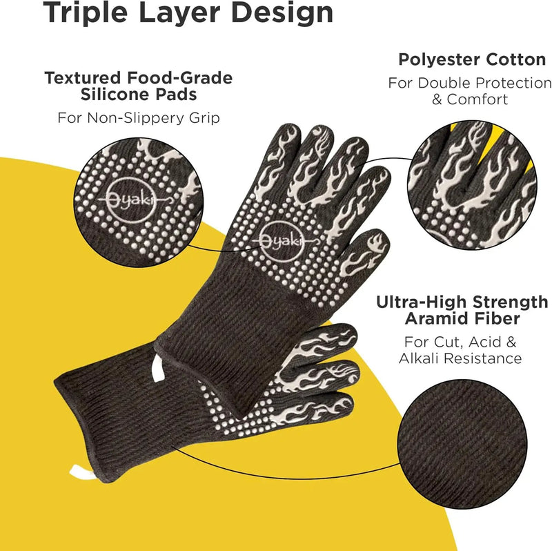 Insulated BBQ Heat Resistant Gloves - Neoprene & Polyester Barbecue Grilling Gloves with Silicone Pads for Gas Grill & Charcoal Grills Outdoor Cooking - 1400°F High Heat Fire BBQ Mittens by O-Yaki by GreenHaven Gardens
