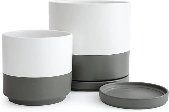 D'vine Dev 6 Inch & 8 Inch Ceramic Planter Pots for Plants with Drainage Hole and Saucer, Medium Plant Pots Set, White/Speckled Grey, 94-G-M-6 by GreenHaven Gardens