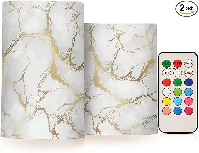 Flickering Flameless Candles, Marble Gray White Golden Texture LED Candles with Remote Timer, Set of 2 Battery Operated Candle for Valentine Wedding Birthday by GreenHaven Gardens