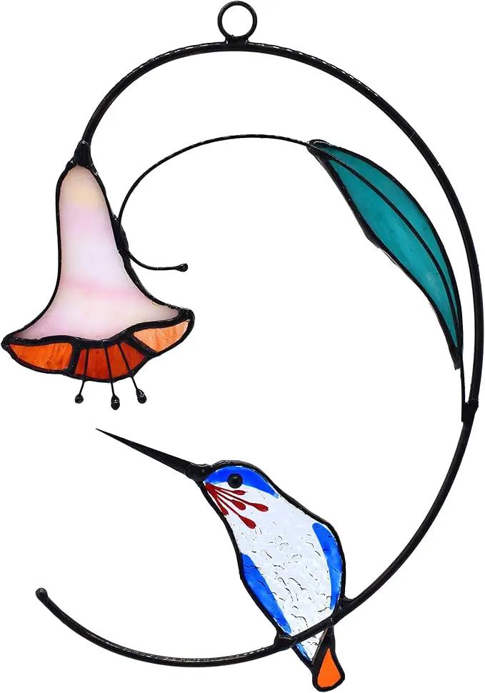 Lolitarcrafts Hummingbird with Flower Stained Glass Suncatcher Bird Stained Glass Window Hangings Hummingbird Gift for Home Decor (Blue) by GreenHaven Gardens
