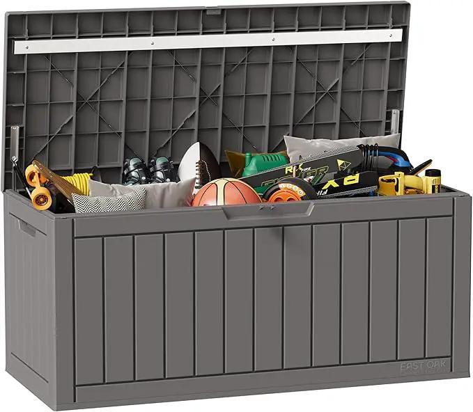 EAST OAK Outdoor Storage Box, 90 Gallon Deck Box, Waterproof Resin Storage Bin for Patio Cushions, Gardening Tools, Lockable, UV Resistant, Grey by GreenHaven Gardens