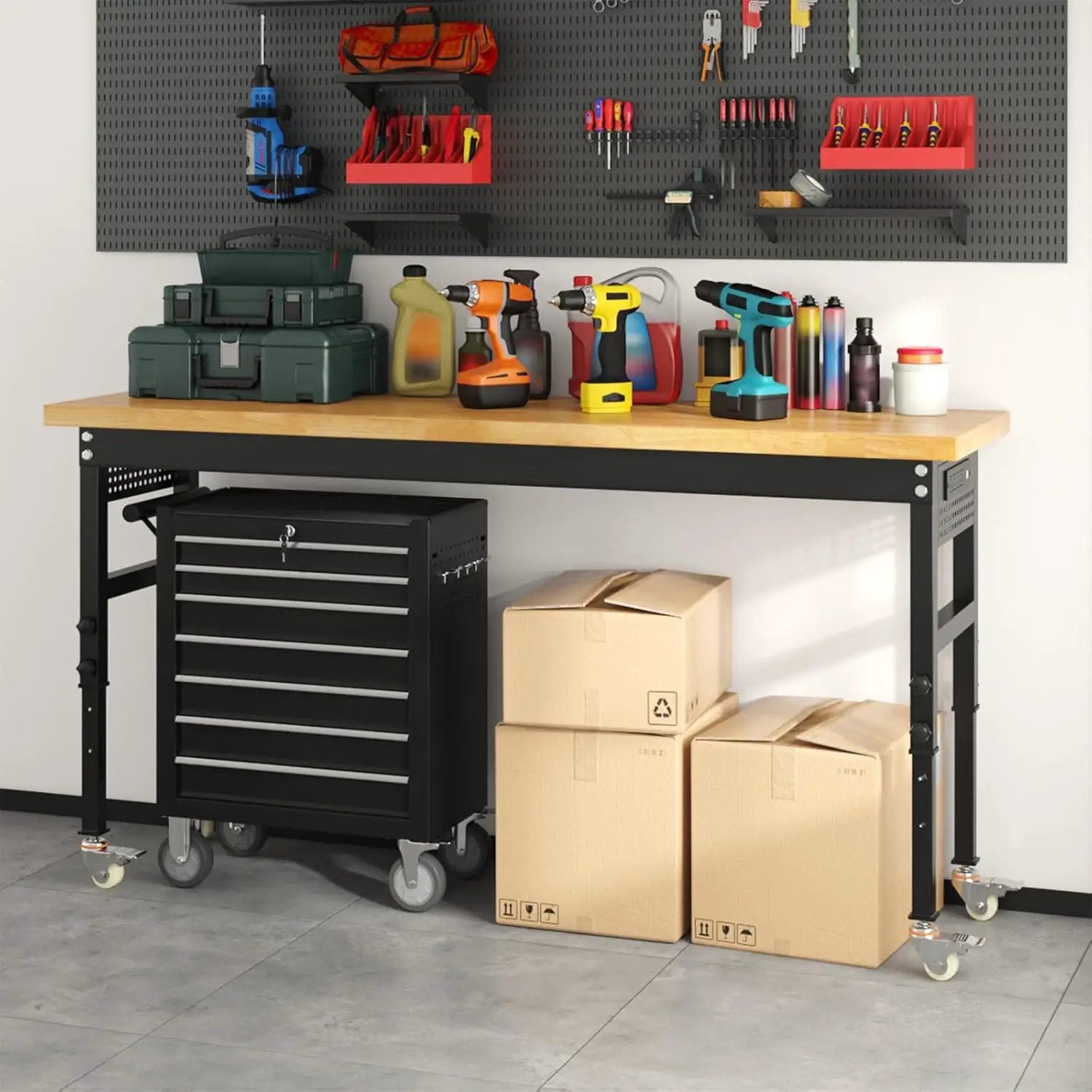 70" Heavy Duty Solid Wood Work Bench with Pegboard, Adjustable Height Workbench with Wheels and Power Outlets, 2000 LBS Capacity Work Table for Garage, Workshop, Office, Home by GreenHaven Gardens