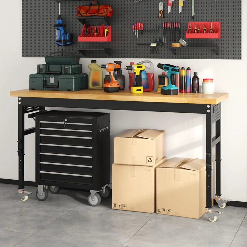 70" Heavy Duty Solid Wood Work Bench with Pegboard, Adjustable Height Workbench with Wheels and Power Outlets, 2000 LBS Capacity Work Table for Garage, Workshop, Office, Home by GreenHaven Gardens