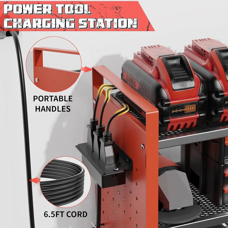 Power Tool Organizer with Charging Station Wall Mount, 3 Layer Expanded Heavy Duty Garage Organization, 48.8 Inch Length Garage Tool Storage, 4 Drill Slot, 16" Standard Hole, Red by GreenHaven Gardens