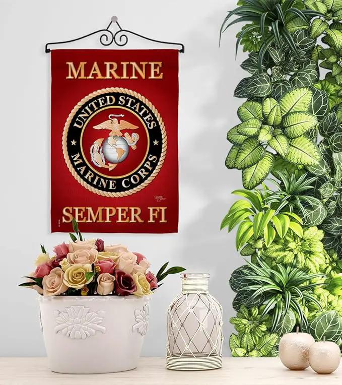 Marine Corps Garden Flag - Set Wall Hanger Armed Forces USMC Semper Fi United State American Military Veteran Retire Official - House Banner Small Yard Gift Double-Sided Made In USA 13 X 18.5 by GreenHaven Gardens