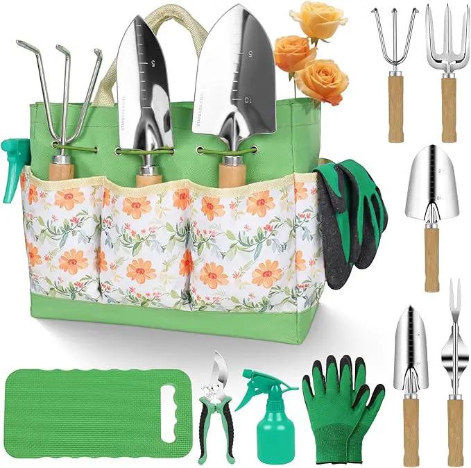 Gardening Tools 10-Piece Heavy Duty Stainless Steel Hand Tools with Durable Garden Tools Storage Tote,Rust-Proof Garden Tool Set, Ideal Gardening Gifts for Women Yellow Floral Pattern Design by GreenHaven Gardens