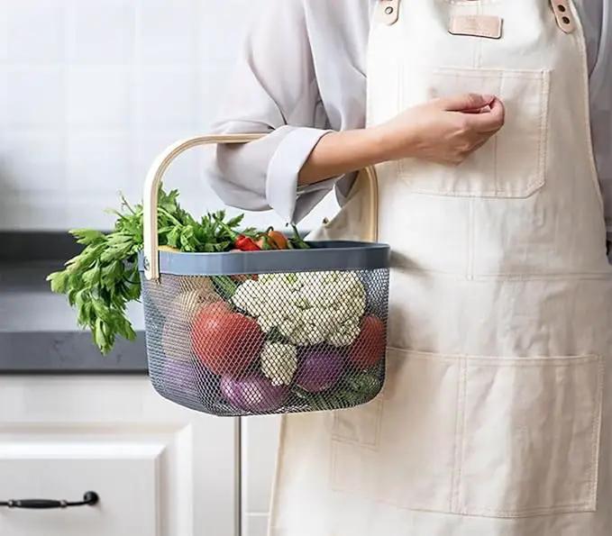 Metal Mesh Steel Basket, Storage Organizer Basket Multi-functional Hanging Kitchen Baskets Fruit Basket with Wooden Handle for Kitchen Bathroom Picnic Shopping Decor Cabinet Home, Grey by GreenHaven Gardens