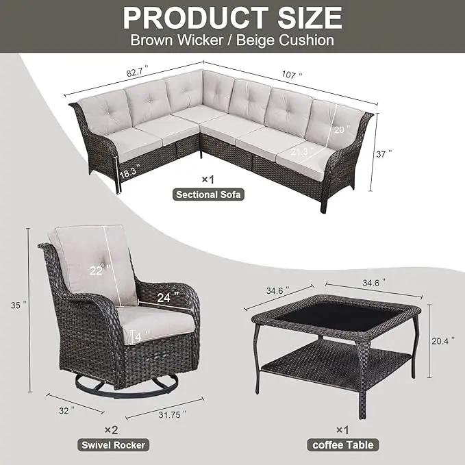 Outdoor Furniture Sectional Sofa L Shaped Couch - Patio Wicker Set with 2 Swivel Glider Chairs, 5 Piece Rattan Patio Conversation Sets with Beige Cushion for Deck Backyard Sunroom by GreenHaven Gardens