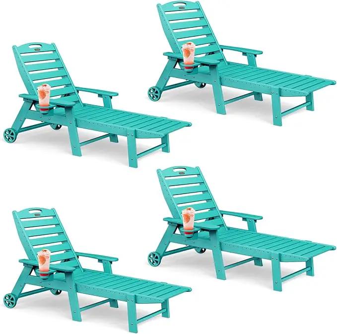 Lounge Chair Outdoor Set of 4 with Wheels, Adjustable 6-Position Chaise Lounge Outdoor, Patio Lounge Chair for Poolside Backyard, Lake Blue by GreenHaven Gardens