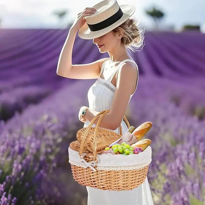 Happypicnic Wicker Picnic Basket with Handle, 15" Large Empty Picnic Basket with Lid & Removable Liner, Vintage Hand Woven Basket for Picnics, Camping, Veg Picking, Mother'S Day, Thanksgiving (Flower) by GreenHaven Gardens