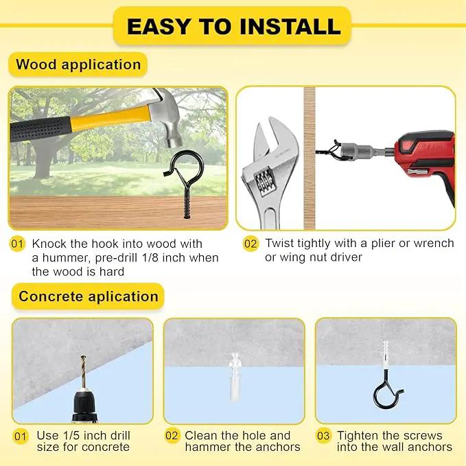 Hooks for Outdoor String Lights, Ceiling Screw Hooks with Safety Buckle Design for Hanging Plants Christmas Lights Party Led Wind Chimes, Black Q Hanger with Wing Nut Driver, 30 Pack by GreenHaven Gardens