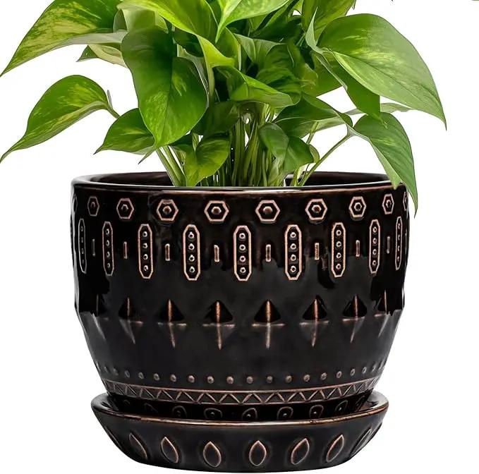 G EPGardening Ceramic Pot for Plants 5.5 Inch - Ceramic Plant Pot Indoor with Drainage Hole and Saucer, Round Boho Planter for Indoor Plants Outdoor, Housewarming Gifts, Garden Office Decor, Black by GreenHaven Gardens