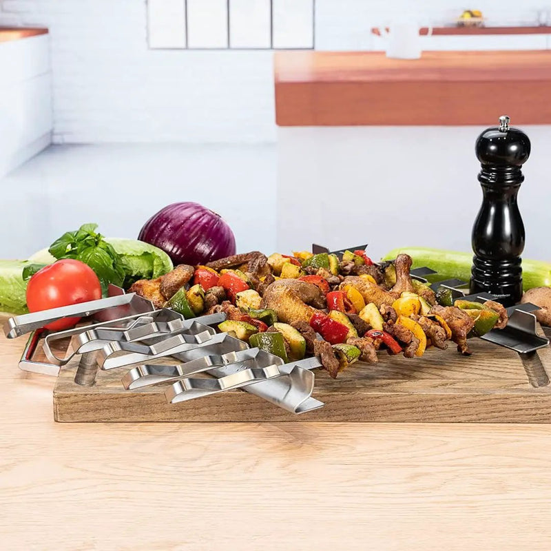 Restaurantware Met Lux 16.9 Inch Barbecue Skewers With Racks 8 Piece Heavy-Duty Shish Kabob Skewer Set - Brings 6 Skewers Includes 2 Grill Racks Stainless Steel Grilling Skewer Set Reusable by GreenHaven Gardens