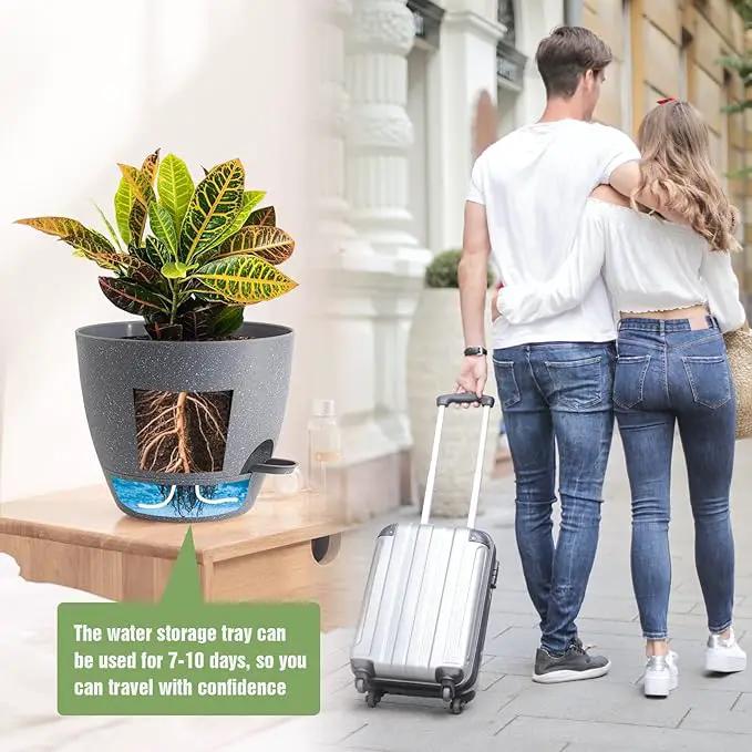 Large Self Watering Pots, 12/10/9 Plastic Planters with High Drainage Holes and Deep Reservoir for Indoor Outdoor Garden Plants and Flowers, Grey Speckles by GreenHaven Gardens