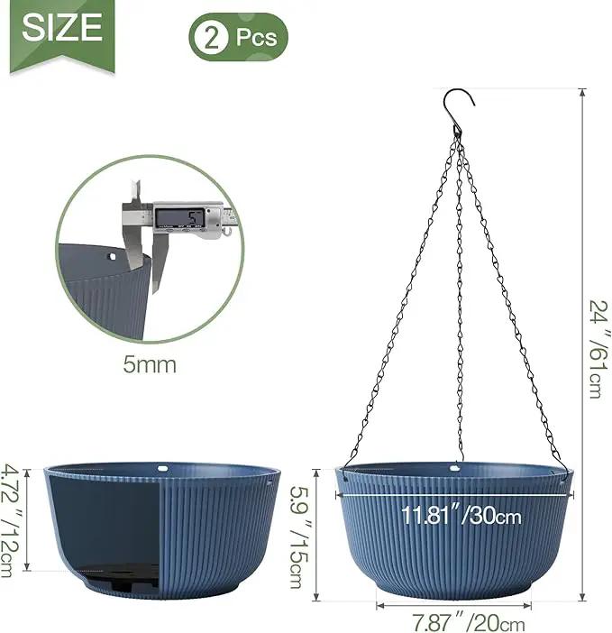 T4U 12 Inch Large Hanging Planters for Outdoor Plants, 2 Pack Self Watering Hanging Pots Indoor, Hanging Baskets for Plants,Hanging Flower Pot with Drainage Hole and Plant Hanger, Blue by GreenHaven Gardens