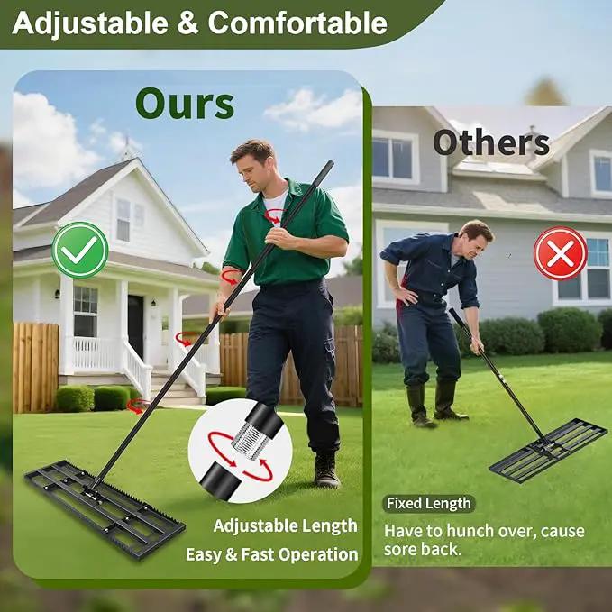 Lawn Leveling Rake-32"x10" Heavy Duty Leveler Reinforced Landscape Tool, Steel Golf Rake with Serrated Edge & Smooth Plate for Level Soil Compost Sand Grass Dirt Yard Garden 6.5FT Adjustable Handle by GreenHaven Gardens