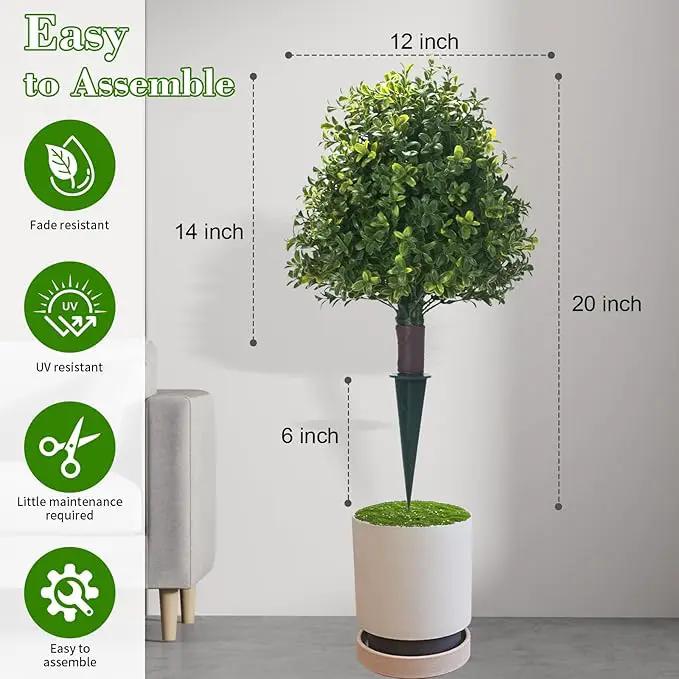 Artificial Boxwood Ball Trees with Ground Spike, 20" UV Resistant Artificial Shrubs, Fake Evergreen Artificial Plant Brush for Indoor Outdoor Front Porch Garden, 1 Pack by GreenHaven Gardens