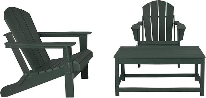 WO Home Furniture Adirondack Chairs Table Set of 3 PCS Outdoor Folding Chairs Coffee Table Weather/UV Resistant for Lawn, Garden, Bon Fire, Balcony (Dark Green) by GreenHaven Gardens