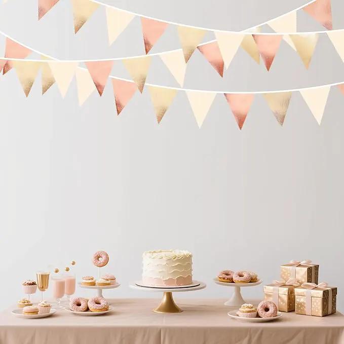 Rose Gold Champagne Gold Beige Party Decorations Metallic Fabric Triangle Flag Pennant Banner Garland Bunting for Engagement Bridal Shower Wedding Birthday Baby Shower Graduation Decoration Supplies by GreenHaven Gardens