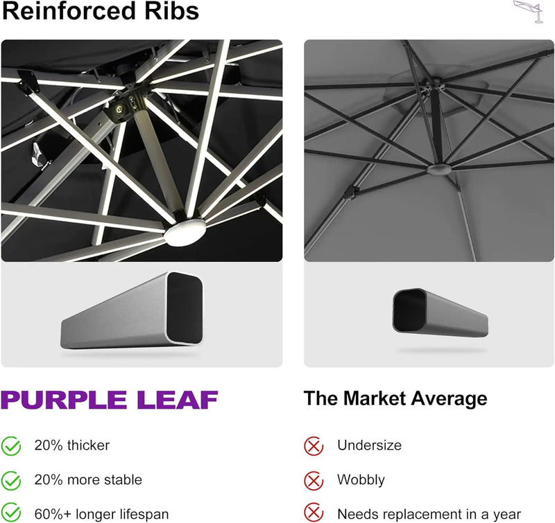 PURPLE LEAF 11ft Solar LED Patio Umbrella - Large Round Cantilever Umbrella with LED Lights, Windproof, Heavy Duty for Garden, Deck, Pool, Patio, Black by GreenHaven Gardens