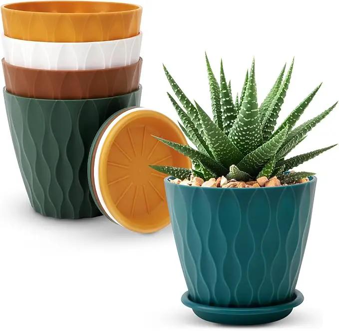4 inch Plant Pots, 5 Pack Flower Pots Outdoor Indoor, Planters with Drainage Holes and Tray Saucers（（Multicolor） by GreenHaven Gardens